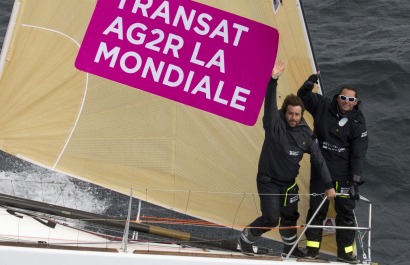 Pierre Rhimbault et Romain Attanasio a bord du Figaro Bretagne Credit Mutuel Performance - Transat AG2R La Mondiale 2018 - Conca