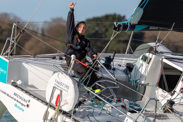 Elodie Bonafous skipper du Figaro3 Bretagne CMB Oceane, à l’entrainement en baie de Port la Foret le 18 Février 2020, photo © Je