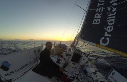 Michel Desjoyeaux et Corentin Horeau en Figaro lors de la Transat AG2R