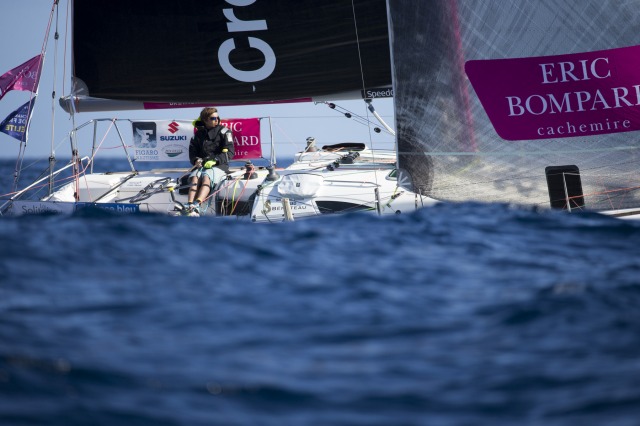 Sebastien SImon (Bretagne Credit Mutuel Espoir) lors de la 1ere etape de la Solitaire du Figaro Eric Bompard cachemire 2015 - Jo