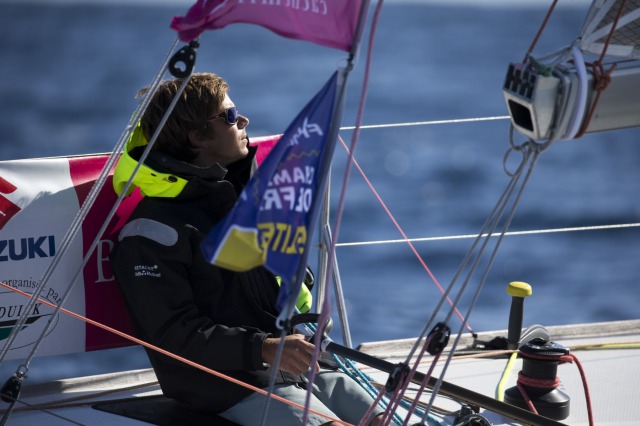 Sebastien SIMON (Bretagne Credit Mutuel Espoir) lors de la 1ere etape de la Solitaire du Figaro Eric Bompard cachemire 2015 - Jo