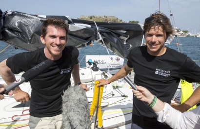 Sebastien Simon et Xavier Macaire, a bord du Figaro Bretagne Credit Mutuel Performance, 4eme de la Transat AG2R LA MONDIALE 2016