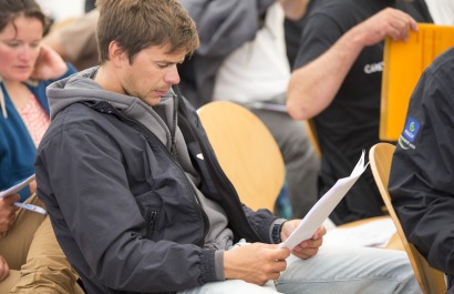 Briefing de la 2eme etape de la Solitaire Bompard Le Figaro entre Cowes (UK) et Paimpol - Cowes le 25/06/2016