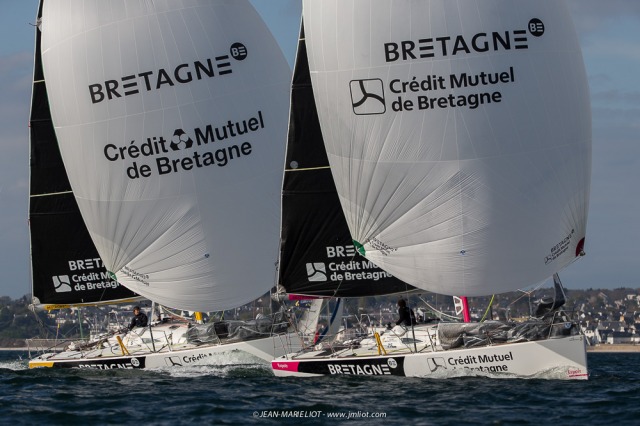 Port le Foret le 10 avril 2017, les Figaro Bretagne Crédit Mutuel avec Pierre Rhimbault (Bretagne Crédit Mutuel Espoir) et Sébas