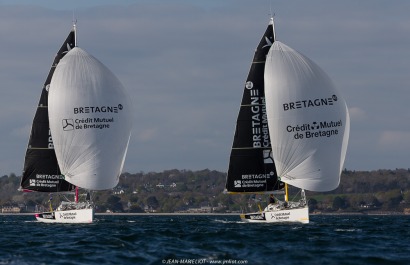 Port le Foret le 10 avril 2017, les Figaro Bretagne Crédit Mutuel avec Pierre Rhimbault (Bretagne Crédit Mutuel Espoir) et Sébas