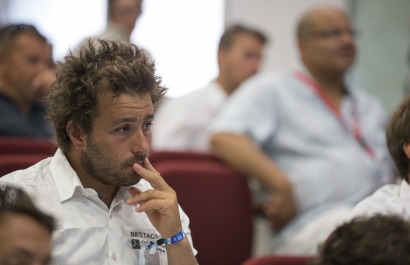 Pierre Rhimbault lors du briefing d'accueil des skippers de la Solitaire Urgo Le Figaro 2017 - Bordeaux le 27/05/2017