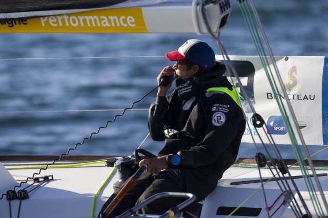 Sebastien Simon (Bretagne Credit Mutuel Performance) lors de la 2eme etape de la Solitaire Urgo Le Figaro 2017 entre Gijon et Co