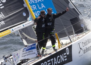 Sebastien Simon et Morgan Lagraviere a bord du Figaro Bretagne Credit Mutuel Performance - Transat AG2R La Mondiale 2018 - Conca