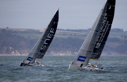 Les Figaros lors de la 1ere etape de la Solitaire URGO Le Figaro le 27/08/2018