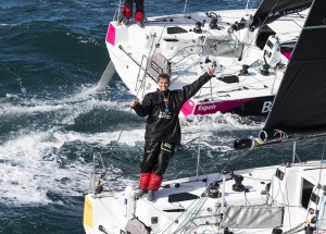 Les Figaro 3 Bretagne CMB, skipper Espoir Tom Laperche, skipper Performance Loïs Berrehar, à l'entrainement au large des Iles Gl
