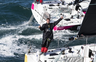 Les Figaro 3 Bretagne CMB, skipper Espoir Tom Laperche, skipper Performance Loïs Berrehar, à l'entrainement au large des Iles Gl