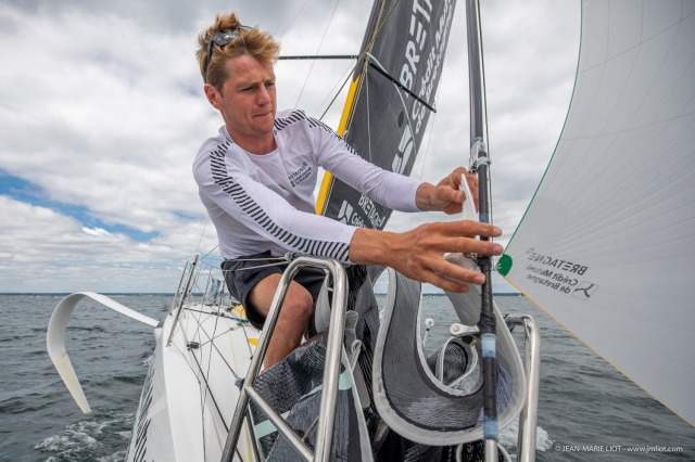 Loïs Berrehar, Skipper du Figaro Bretagne CMB Performance, le 24 mai 2019, photo © Jean-Marie LIOT