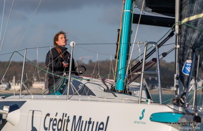 Elodie Bonafous skipper du Figaro3 Bretagne CMB Oceane, à l’entrainement en baie de Port la Foret le 18 Février 2020, photo © Je