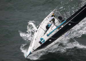 Elodie Bonafous  et Corentin Horeau a bord du Figaro Bretagne-CMB Oceane lors du prologue de la Transat en Double Concarneau-Sai