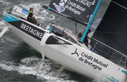 Elodie Bonafous  et Corentin Horeau a bord du Figaro Bretagne-CMB Oceane lors du prologue de la Transat en Double Concarneau-Sai