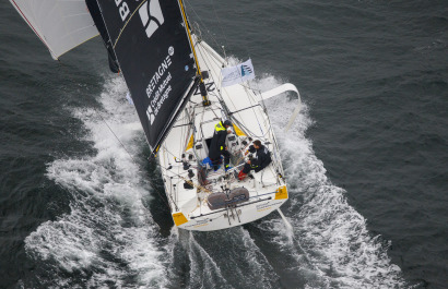 Tanguy Le Turquais et Corentin Douguet a bord du Figaro Queguiner-Innoveo lors du prologue de la Transat en Double Concarneau-Sa