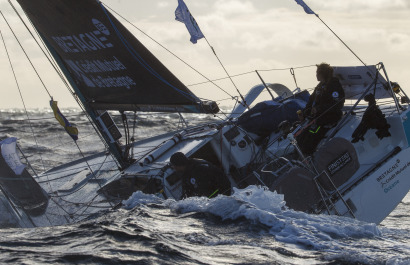 Elodie Bonafous et Corentin Horeau a bord du Figaro Bretagne CMB Oceane lors du depart de la Transat en Double Concarneau-Saint 